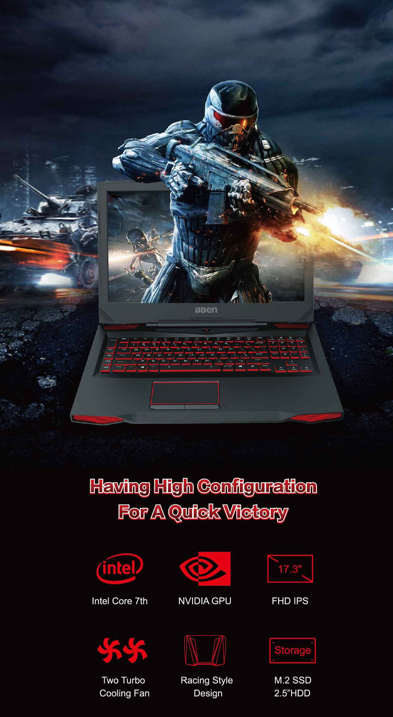 Bben 17.3" Win10 Laptop Intel I7 gaming computer I7 7700HQ Processor NVIDIA GTX1060 6G graphic card Ram/SSD/HDD BT4.0 Wifi RJ45