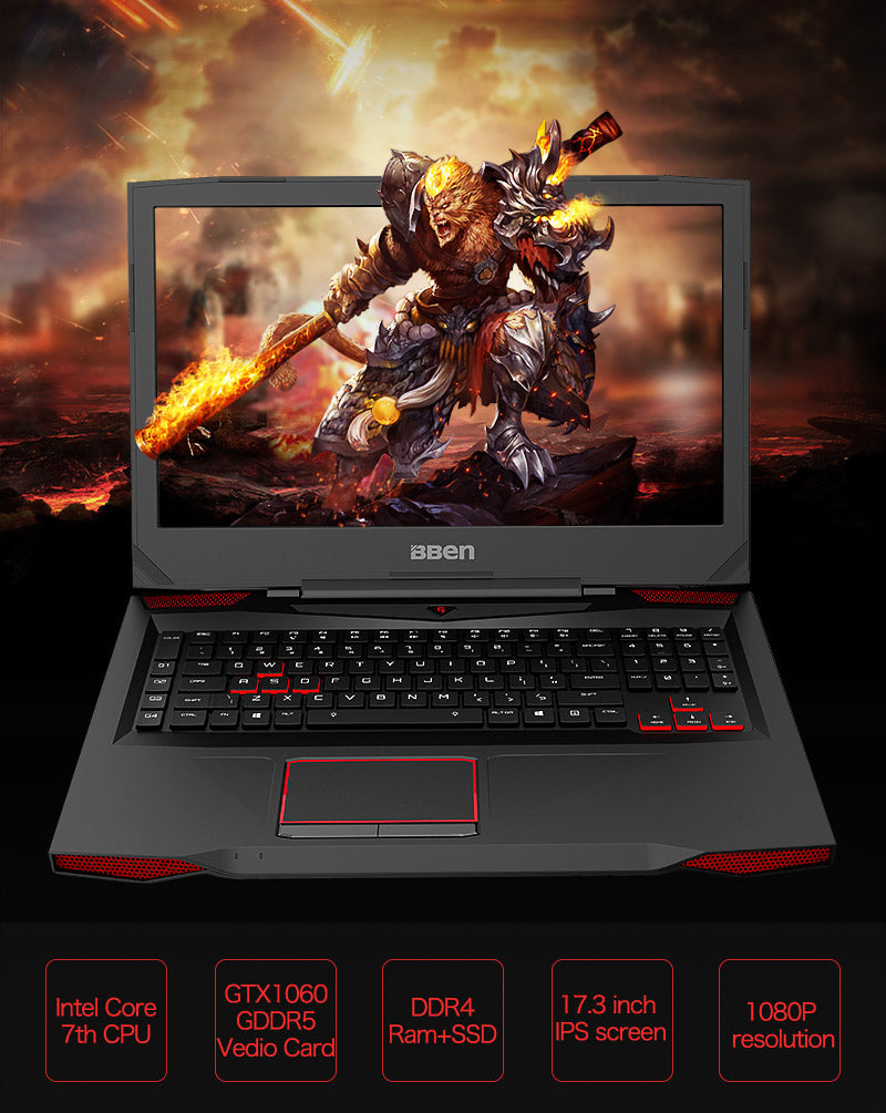 Bben 17.3" Win10 Laptop Intel I7 gaming computer I7 7700HQ Processor NVIDIA GTX1060 6G graphic card Ram/SSD/HDD BT4.0 Wifi RJ45